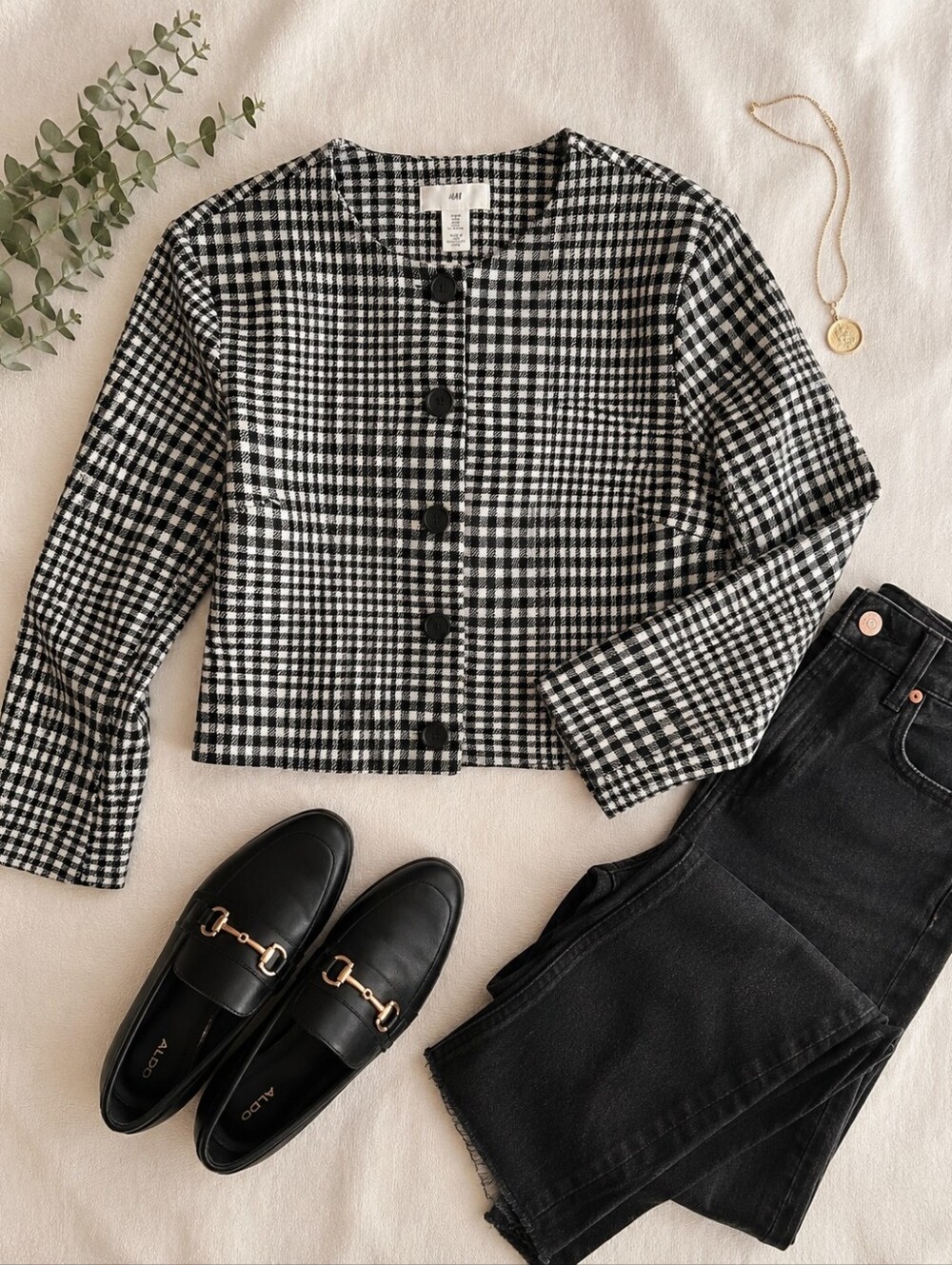 H&M Black & White Check Cropped Short Jacket | Button Front | Size M